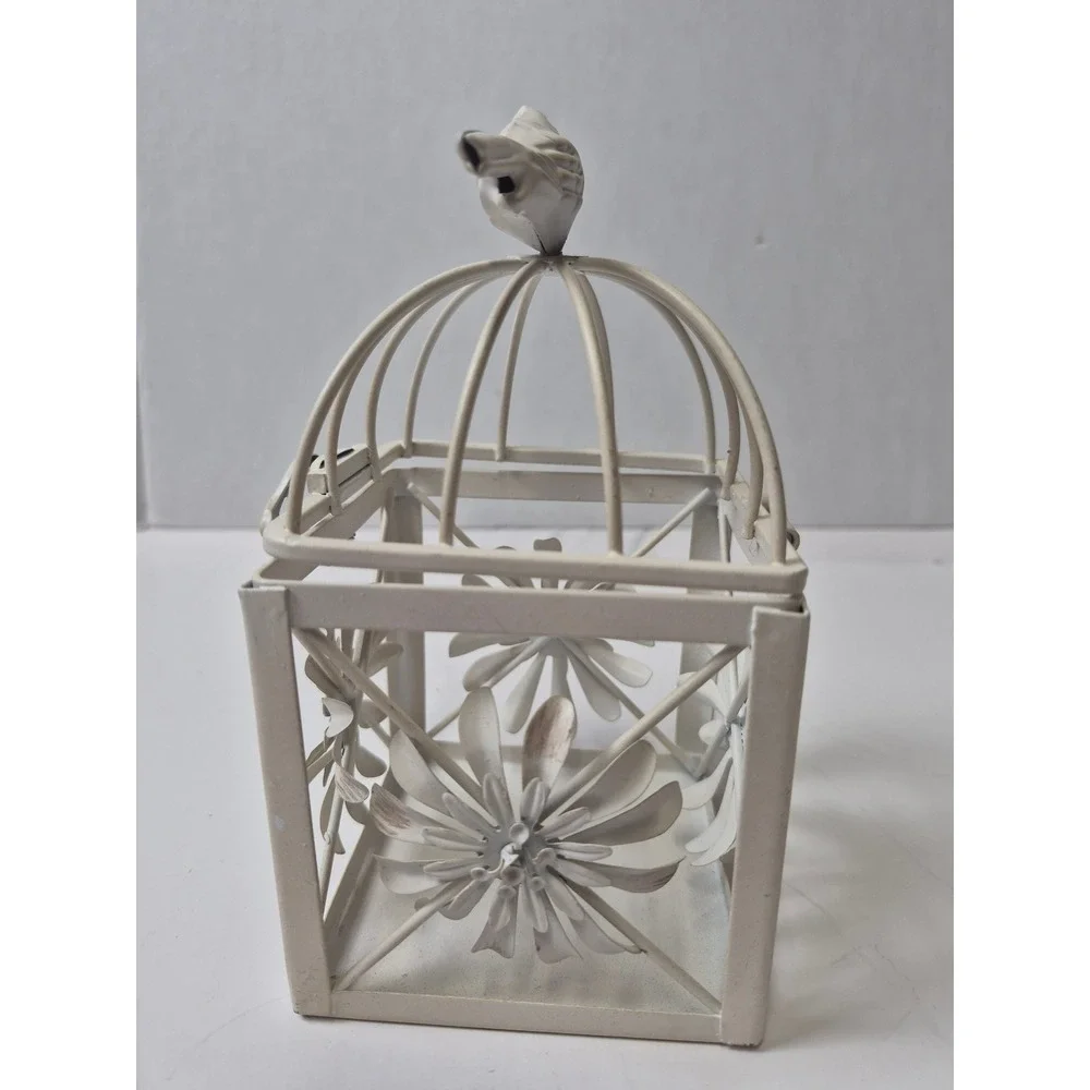 Vintage Shabby Chic White Metal Birdcage Lantern Floral Tea Light Holder 6.5in